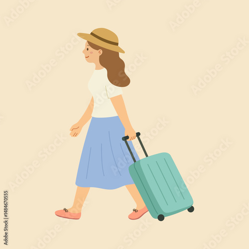 Woman wearing skirt and travel hat, flat vector illustration