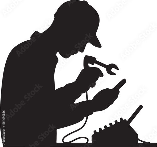 Silhouette Of A Technician Repairing Electronic Equipment With Wrench And Soldering Iron