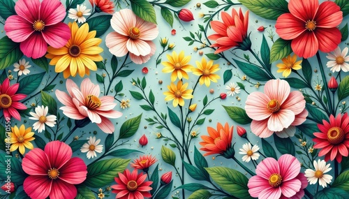 Intricate floral pattern, vibrant blooms & leaves , pastel, bright, botanical