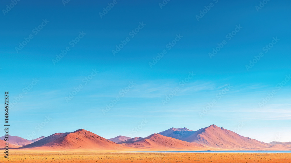 Naklejka premium Stunning desert landscape featuring vibrant orange mountains under clear blue sky, creating serene and dramatic atmosphere