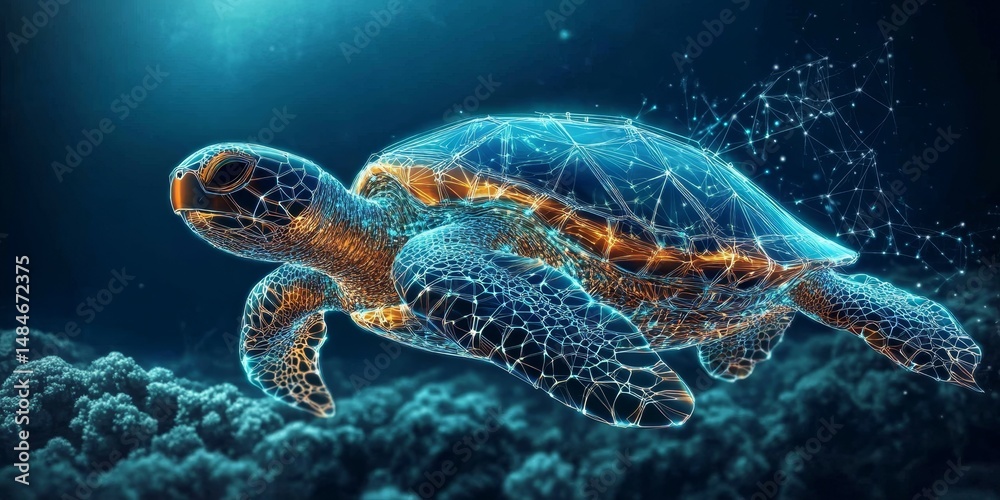 Obraz premium Digital Turtle Glides Through the Deep Blue, Modern Technological Depiction of an Aquatic Reptile