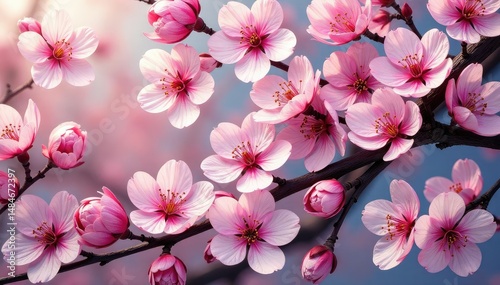 Intricate repeating sakura motif, full bloom, vibrant hues , repeat, red, fabric