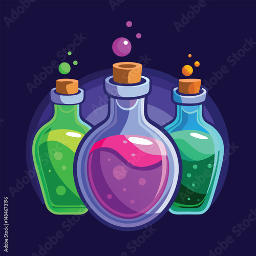 Magic potion bottles with colorful liquids on white icon outline vector illustration