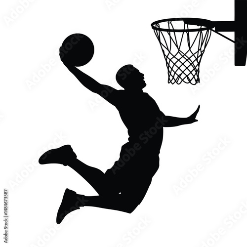 Silhouette of basketball player dunking the ball isolated on a white background