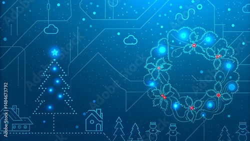 Futuristic Christmas design with glowing ornaments and circuit board background.