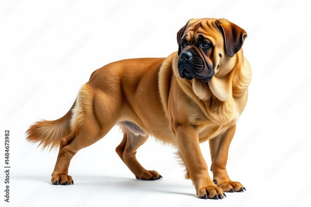 Obraz premium Majestic Mastiff, powerful stance, white background, gentle giant, wrinkles