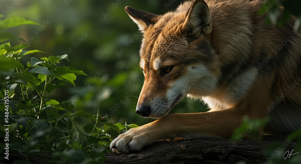 Fototapeta premium Wolf Resting in Green Forest Undergrowth Watching Down