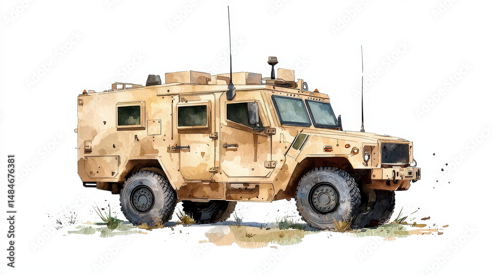 Obraz premium Detailed watercolor illustration of military vehicle, showcasing its rugged design and camouflage color. vehicle stands grassy terrain