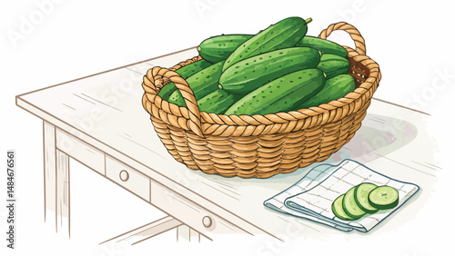 Cucumber in wicker basket with cucumber slice on table vector design, Cucumber illustration vector design