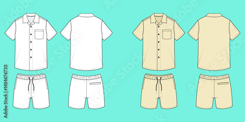 Mens revere collar shirt and Shorts colour way set fashion flat sketch template outline CAD mockup.