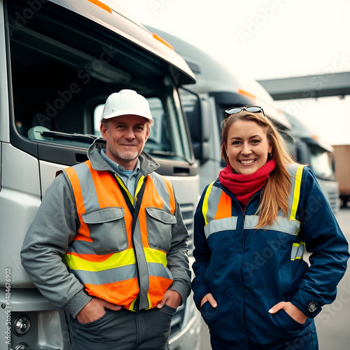 Logistics - proud driver or forwarder and female coworker, in front of trucks and trailers, on a transshipment point, its a good and successful team