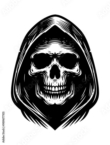 Grim Reaper Skull Silhouette Black and White Vector Logo