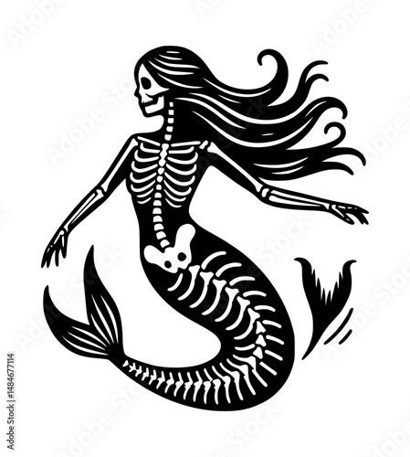 Mermaid Skeleton icon logo in black color, vector, white background
