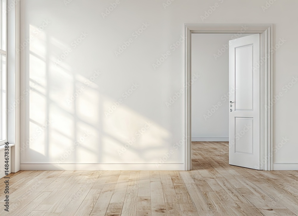 custom made wallpaper toronto digitalA bright and airy interior space featuring a sunlit wooden floor and white walls. with soft shadows cast by a large window. ideal for showcasing modern design concepts