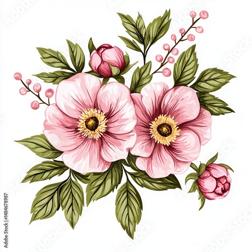 spring flower concept. Delicate pink flowers with green leaves and buds. isolated on white background