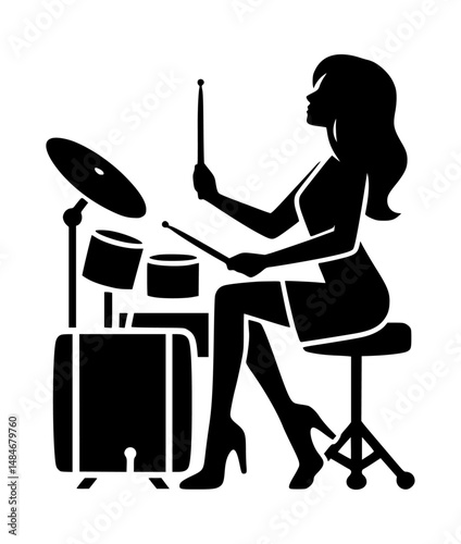 Black Woman Drummer Logo Vector White Background