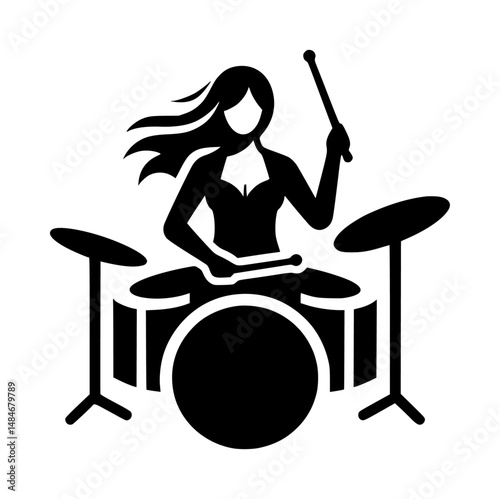 Black Woman Drummer Logo Vector White Background