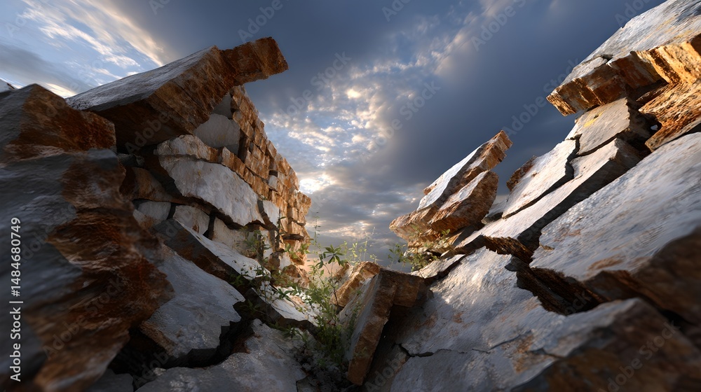 Obraz premium Rugged rocky landscape with dramatic sky background capturing the beauty of nature