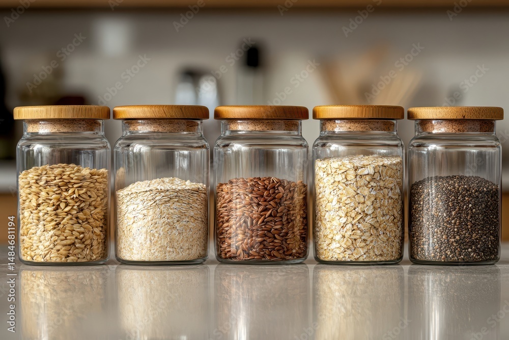 Five glass jars with wooden lids containing different types of grains. Showcase healthy food ingredients or zero waste kitchen storage ideas. Five glass jars with wooden lids containing different types of grains. Showcase healthy food ingredients or zero waste kitchen storage ideas.