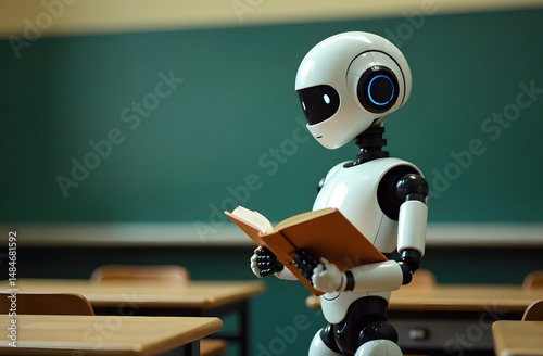 The robot teacher stands in the classroom, with a blackboard and desks for students in the background. Education, school. teacher.