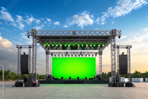 Impressive outdoor concert stage featuring metal structures and vibrant green screen under a picturesque sky