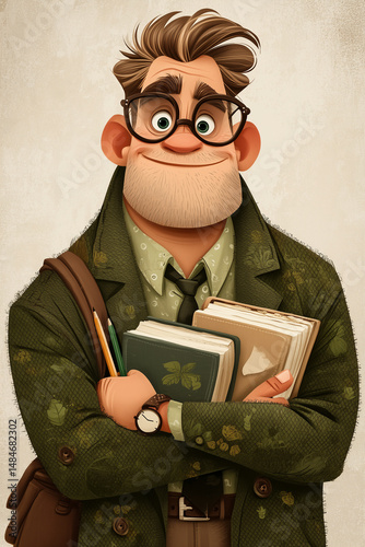 Cartoon teacher with glasses and books, smiling in a scholarly outfit—perfect character for education, professor, and academic themes.

