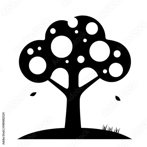 Minimal black fruit tree icon with falling fruits and detailed foliage, symbolizing seasonal harvest and nature