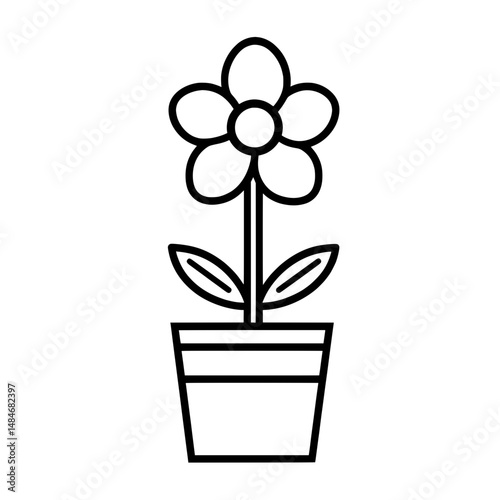 Black outline potted flower icon with five petals representing home decor, growth, and natural gardening themes