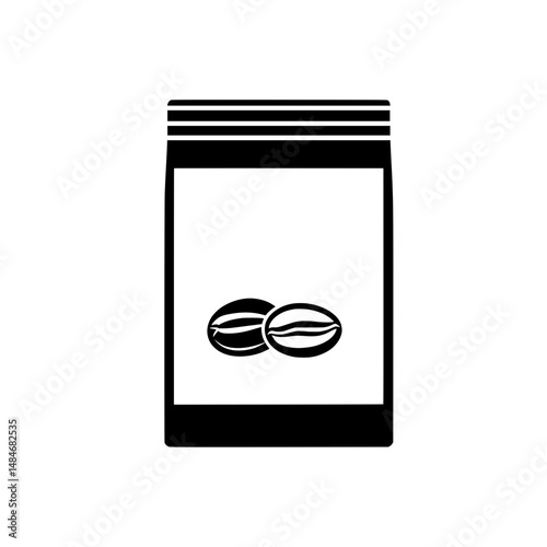 Coffee bean pouch icon with zipper seal and transparent label window for product branding and packaging