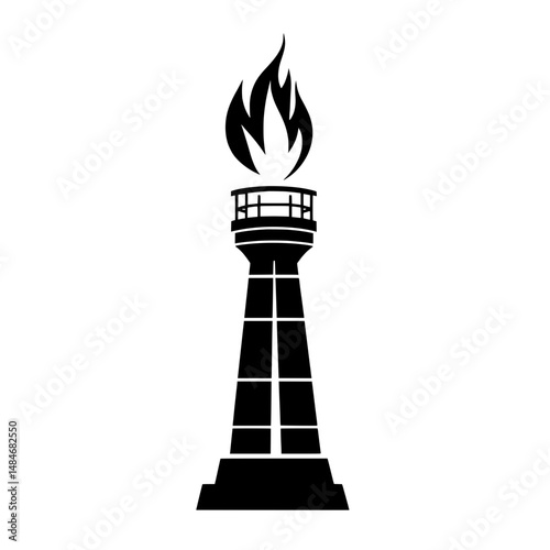 Modern oil refinery or gas flare tower icon with burning flame, symbolizing energy production and processing