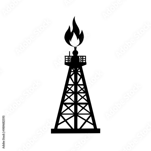 Industrial oil drilling rig with visible flame tower icon representing petroleum extraction and energy infrastructure