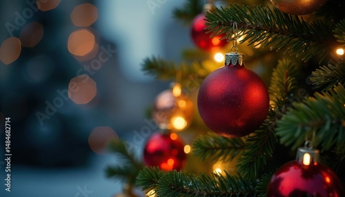 Sparkling Christmas tree ornaments and lights adorn a decorated evergreen tree , decoration, ornaments