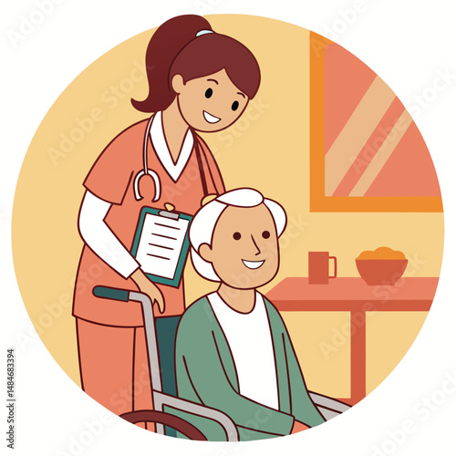 Friendly Nurse Caring for Elderly Patient in Wheelchair at Home