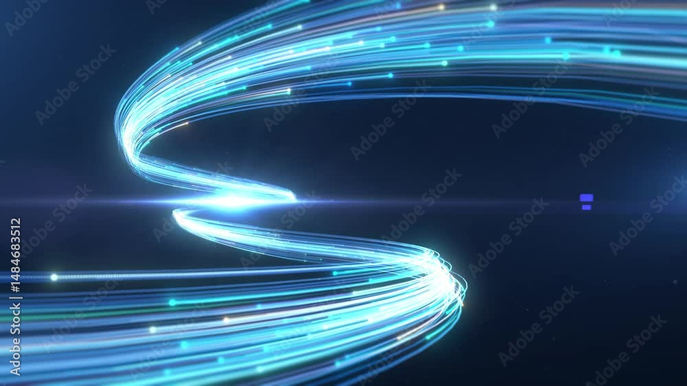 Two colorful neon lines with glowing trails appearing and rushing towards the screen from far to near for intro element, logo reveal, video opener. 4K background.
