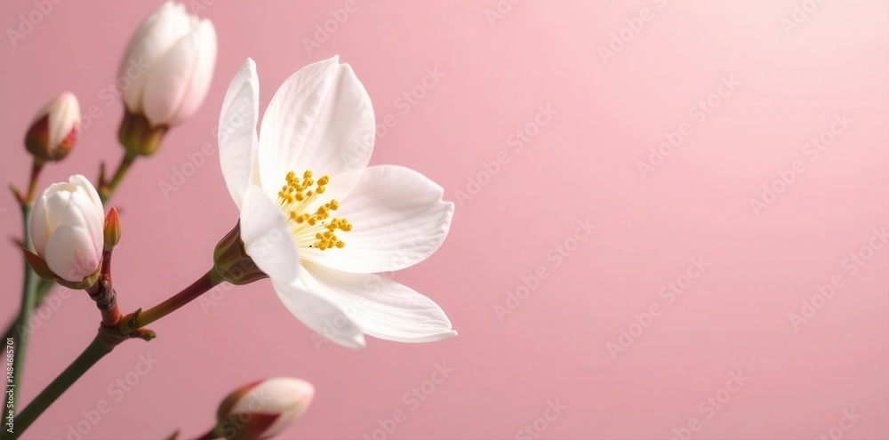 Fototapeta premium Delicate white eustoma blossoms against soft pink Holiday greeting card design , white flowers, blank space