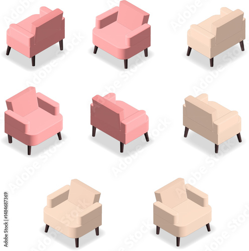 Isometric set of modern sofas and comfortable chair isolated, vector illustration