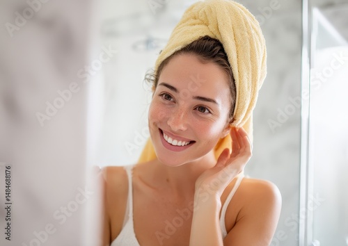Smiling woman with towel after shower in bathroom.