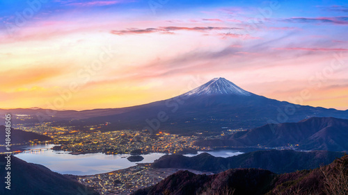 Aerial shots of Fuji mountains before sunrise in Japan.