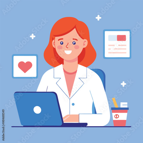 Smiling Female Doctor Using Laptop Computer in Office Setting Healthcare Professional