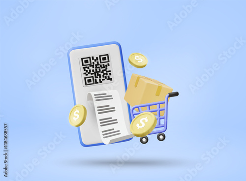 3D Vector Illustration Render of Mobile Shop with QR Code and Receipt, Shopping Cart and Package Box with Floating Gold Dollar Coins, Payment and Shipping Concept in Ecommerce System.