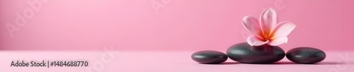 Smooth spa stones, delicate flower, pink background, aromatherapy, pink, healthy