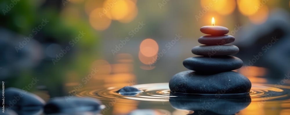 Obraz premium Stack of smooth stones floating on water, soft candlelight, blurred background , relax, light