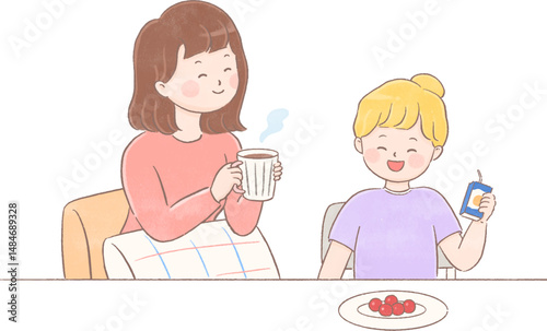 Happy mother and daughter drinking together, cheerful family moment vector illustration