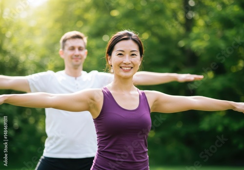 Smiling woman and man stretching arms during yoga practice in a green park setting