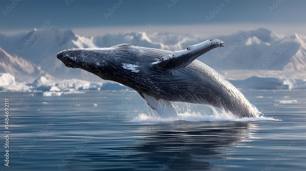 Obraz premium Humpback whale breaching in the stunning Antarctic Ocean under clear blue skies