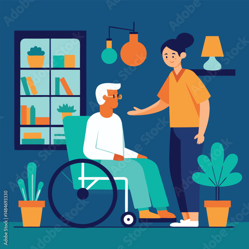 Caregiver assisting senior man in wheelchair at home providing support and companionship