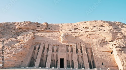 The great temple of Ramesses II, Abu Simbel, upper Egypt. Aswan, Egypt : Great Abu Simbel ancient temple of Pharaoh Ramses II in southern Egypt in Nubia next to Lake Nasser.