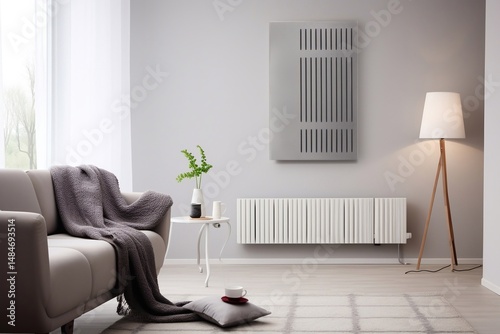 Cozy living room featuring a modern gray sofa with a soft blanket, stylish lamp, and decorative elements, creating a warm and inviting atmosphere for relaxation and comfort