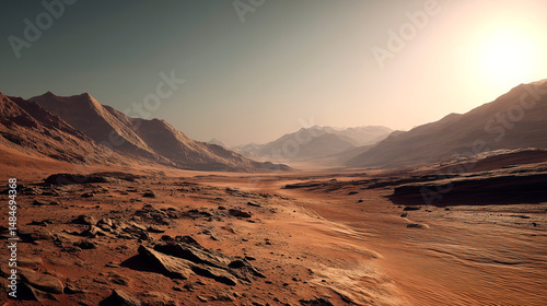 Martian landscape with rocky terrain and mountains under a hazy sun, evoking the raw beauty and isolation of an alien world.