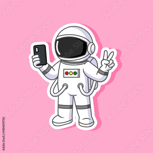 Sticker of Cute Astronaut Taking a Selfie in Space Vector Illustration Cartoon Design